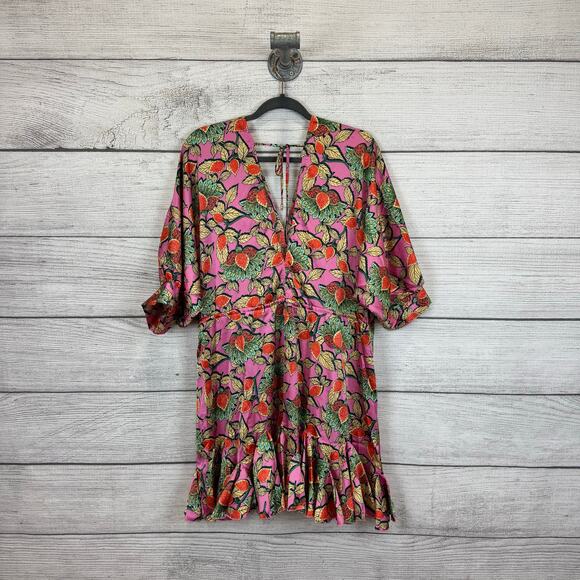 Aakaa Women's Pink Leaf Satin Dramatic Hem Long Sleeve Dress Size Medium - Picture 9 of 9